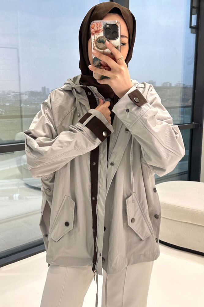 Calista Kapüşonlu Çıtçıtlı Kısa Trenç - Gri - 8