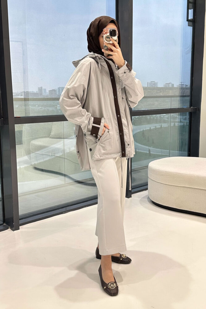 Calista Kapüşonlu Çıtçıtlı Kısa Trenç - Gri - 9