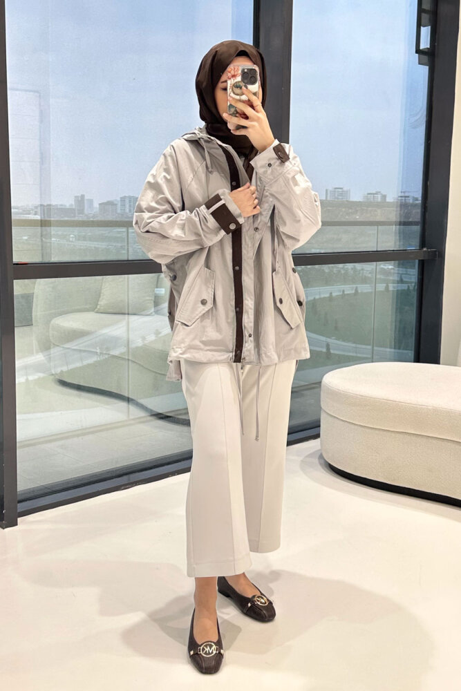 Calista Kapüşonlu Çıtçıtlı Kısa Trenç - Gri - ALLMİSS (0)