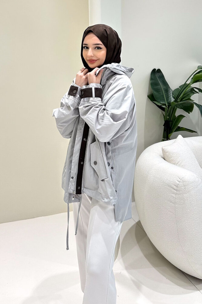 Calista Kapüşonlu Çıtçıtlı Kısa Trenç - Gri - ALLMİSS (2)