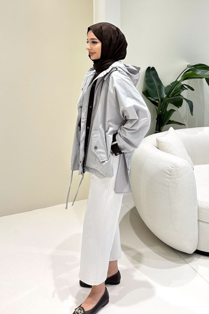 Calista Kapüşonlu Çıtçıtlı Kısa Trenç - Gri - 11