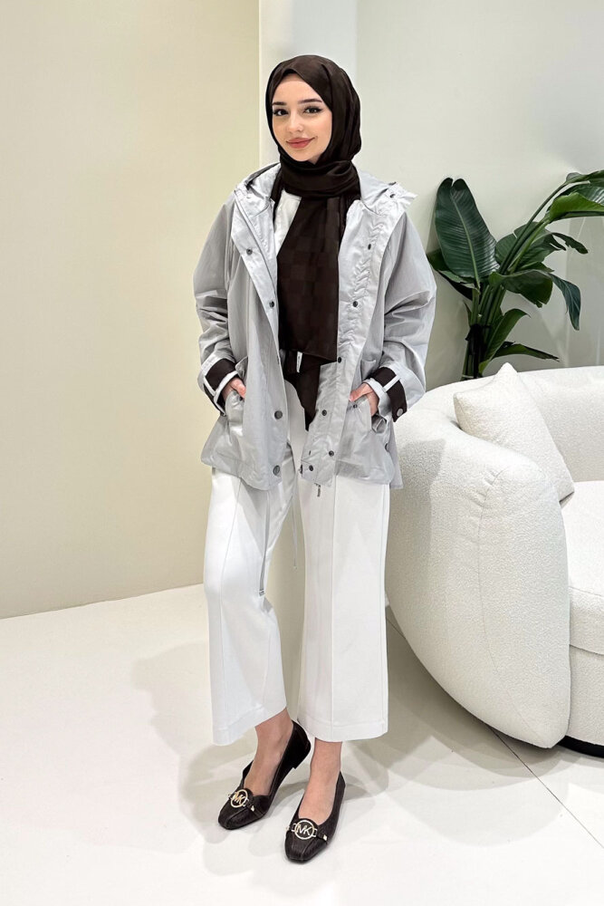 Calista Kapüşonlu Çıtçıtlı Kısa Trenç - Gri - 12