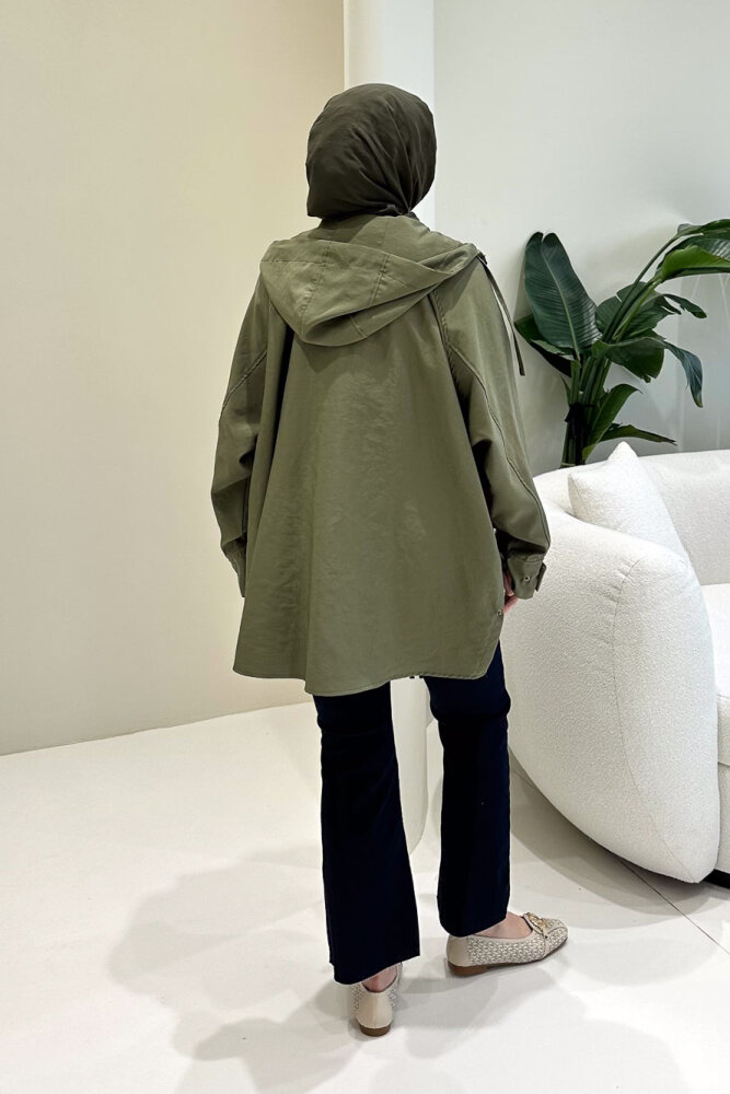 Calista Kapüşonlu Çıtçıtlı Kısa Trenç - Haki - 8