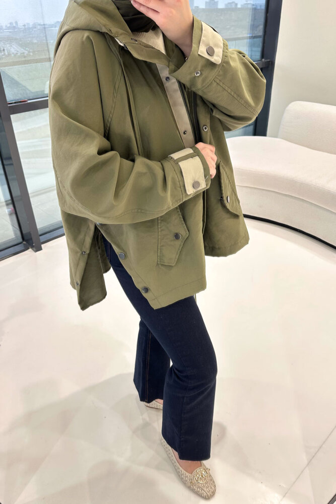 Calista Kapüşonlu Çıtçıtlı Kısa Trenç - Haki - 6