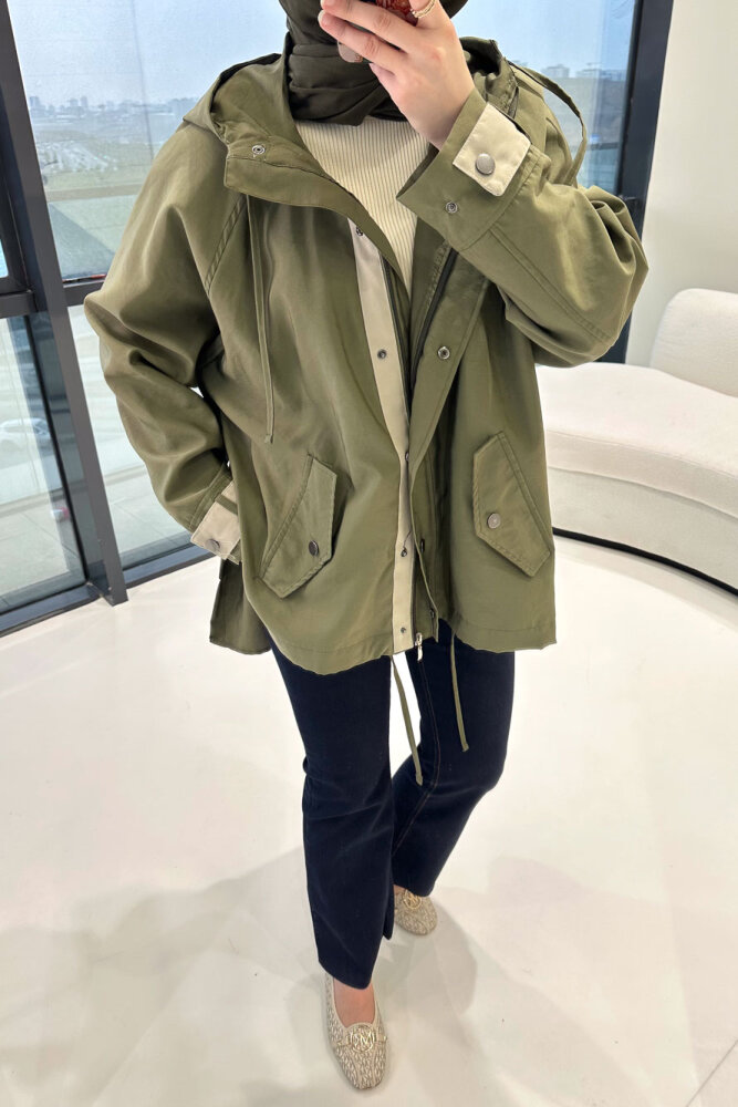 Calista Kapüşonlu Çıtçıtlı Kısa Trenç - Haki - ALLMİSS (2)