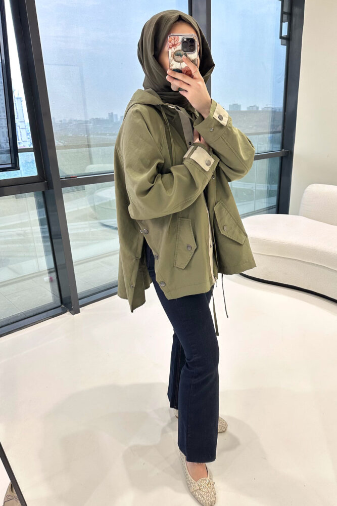 Calista Kapüşonlu Çıtçıtlı Kısa Trenç - Haki - 11