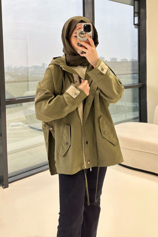 Calista Kapüşonlu Çıtçıtlı Kısa Trenç - Haki - 12