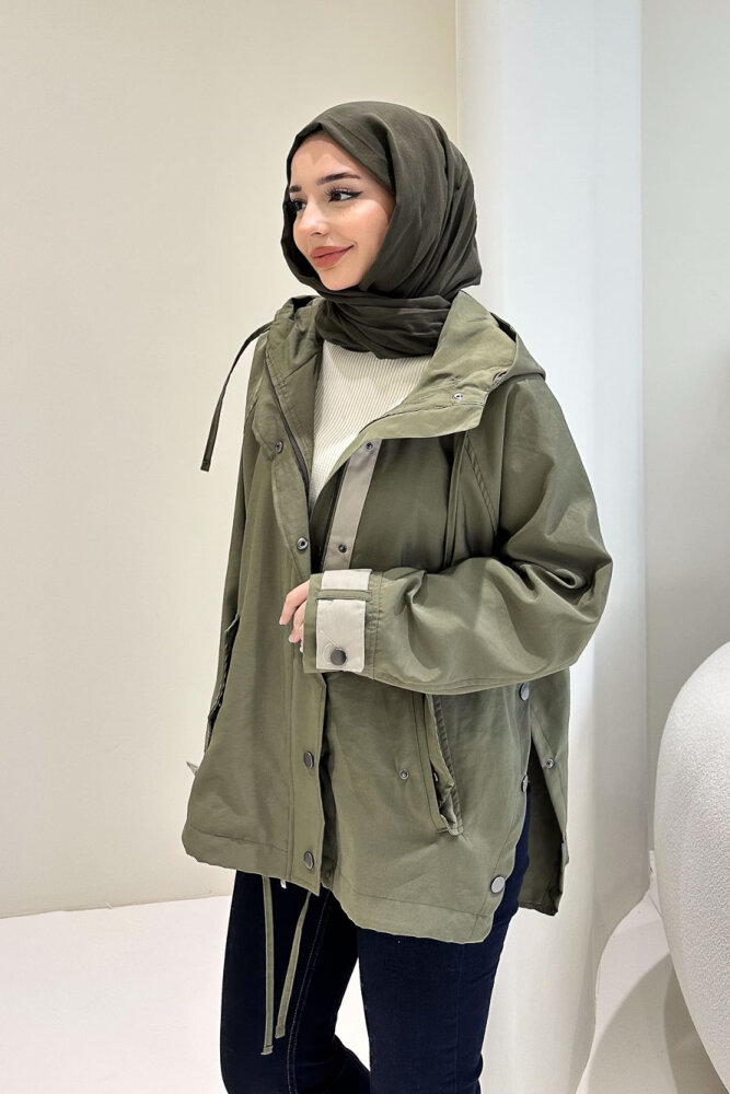 Calista Kapüşonlu Çıtçıtlı Kısa Trenç - Haki - 9