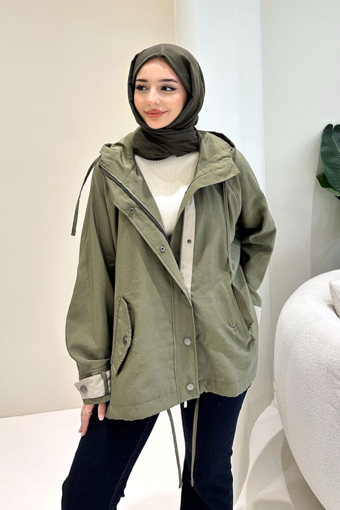 Calista Kapüşonlu Çıtçıtlı Kısa Trenç - Haki - ALLMİSS (3)