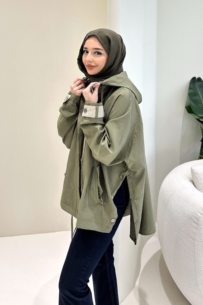 Calista Kapüşonlu Çıtçıtlı Kısa Trenç - Haki - ALLMİSS (0)