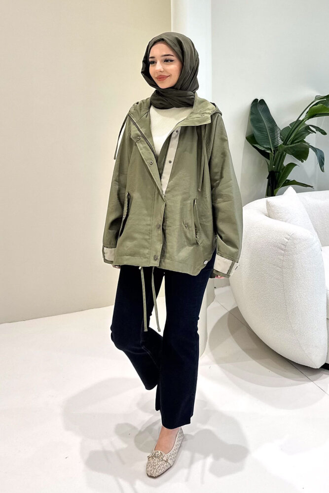 Calista Kapüşonlu Çıtçıtlı Kısa Trenç - Haki - 7