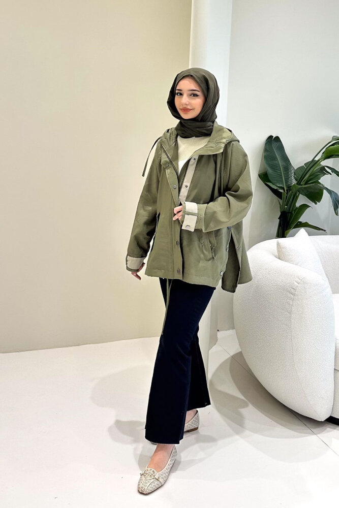 Calista Kapüşonlu Çıtçıtlı Kısa Trenç - Haki - 2