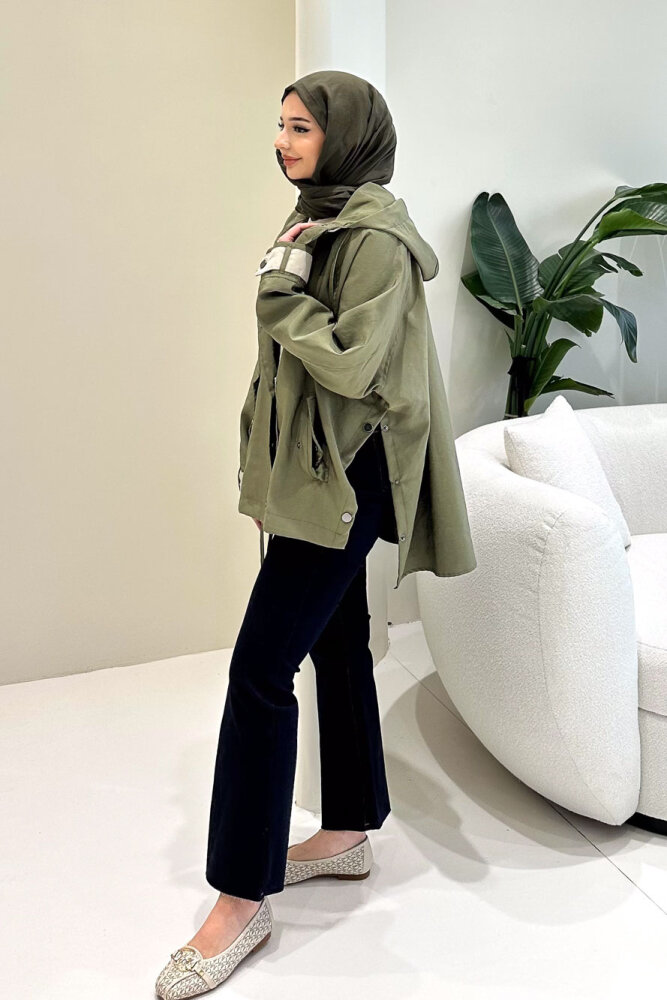 Calista Kapüşonlu Çıtçıtlı Kısa Trenç - Haki - 5