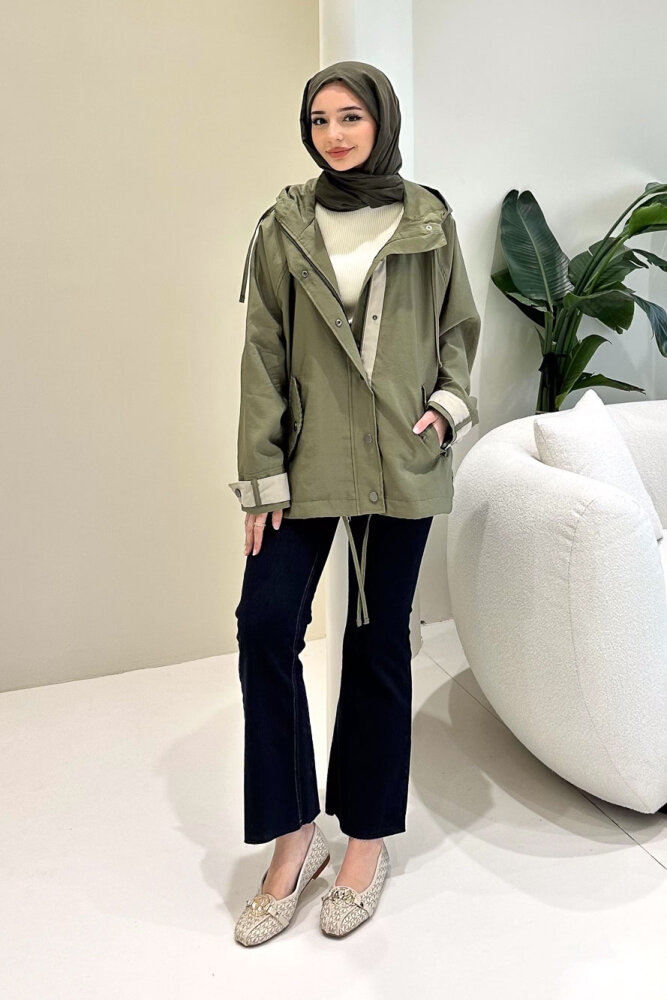 Calista Kapüşonlu Çıtçıtlı Kısa Trenç - Haki - 10