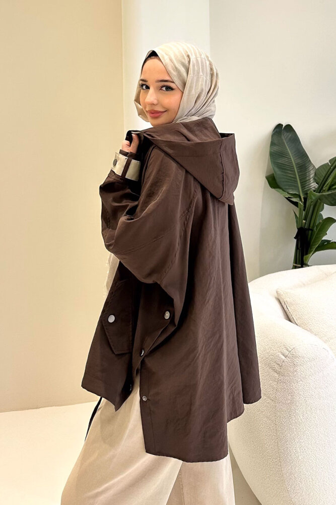 Calista Kapüşonlu Çıtçıtlı Kısa Trenç - Kahverengi - 1