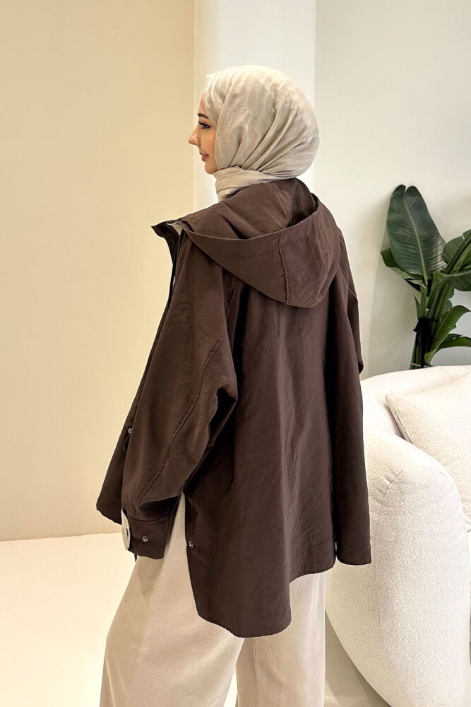 Calista Kapüşonlu Çıtçıtlı Kısa Trenç - Kahverengi - ALLMİSS (2)