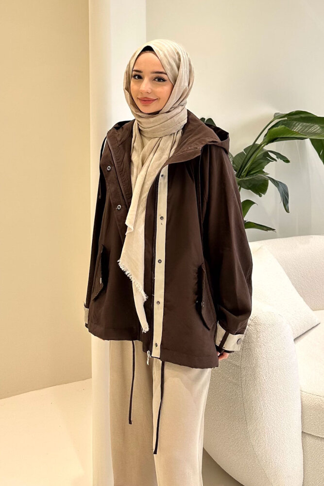 Calista Kapüşonlu Çıtçıtlı Kısa Trenç - Kahverengi - 6