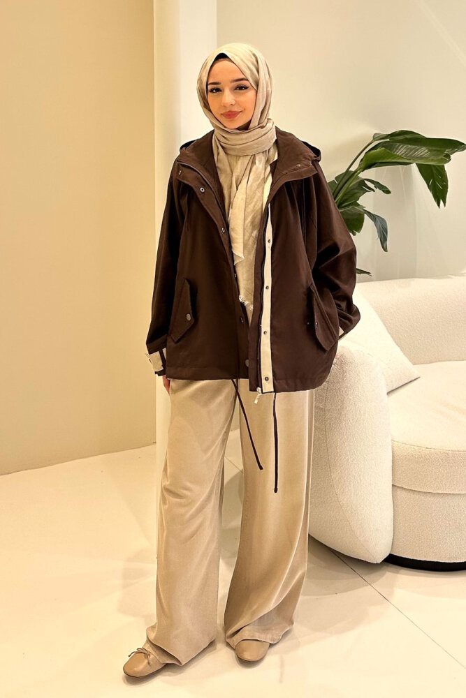 Calista Kapüşonlu Çıtçıtlı Kısa Trenç - Kahverengi - ALLMİSS (4)