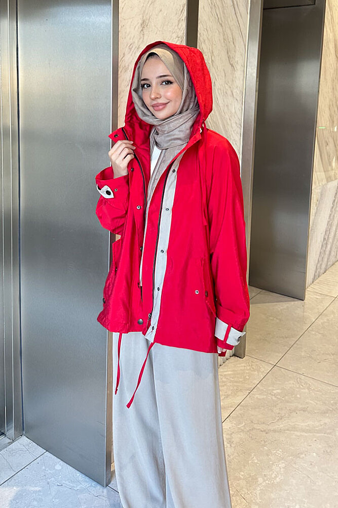 Calista Kapüşonlu Çıtçıtlı Kısa Trenç - Kırmızı - 5