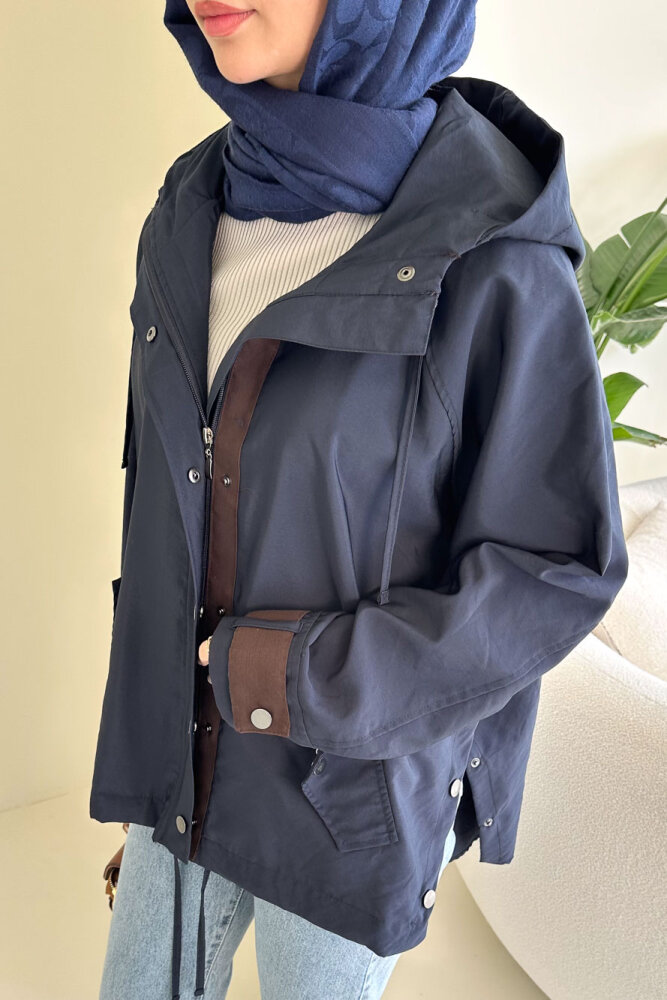 Calista Kapüşonlu Çıtçıtlı Kısa Trenç - Lacivert - 4