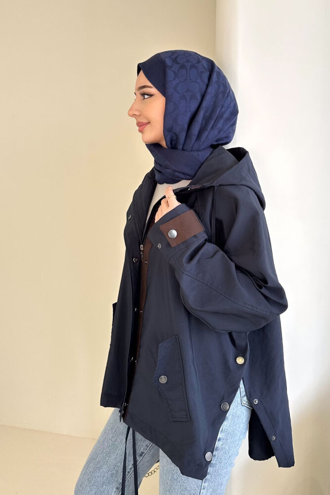 Calista Kapüşonlu Çıtçıtlı Kısa Trenç - Lacivert - 3