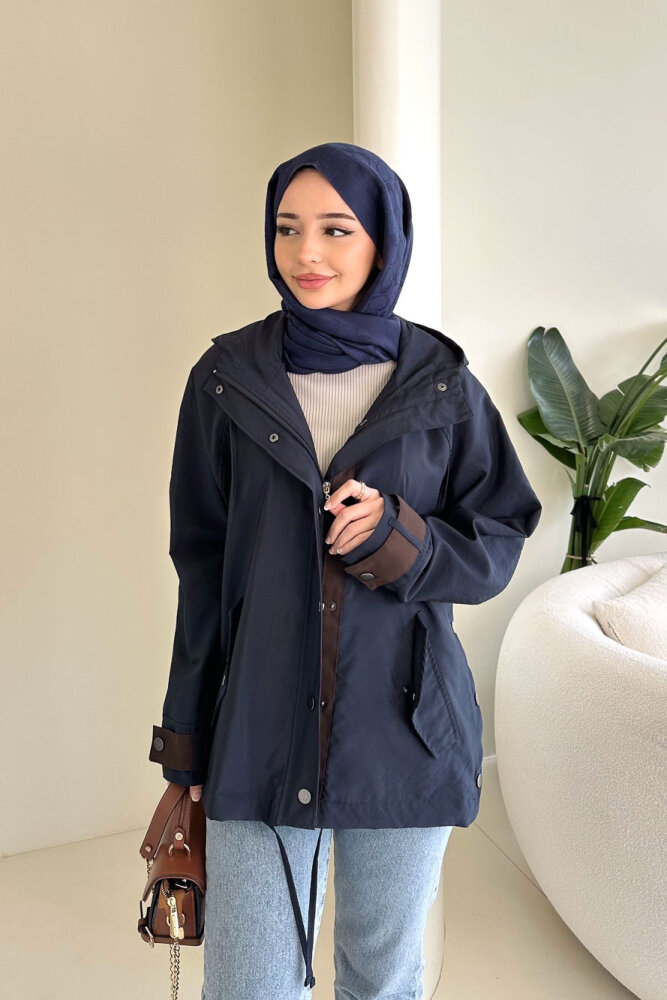 Calista Kapüşonlu Çıtçıtlı Kısa Trenç - Lacivert - 7