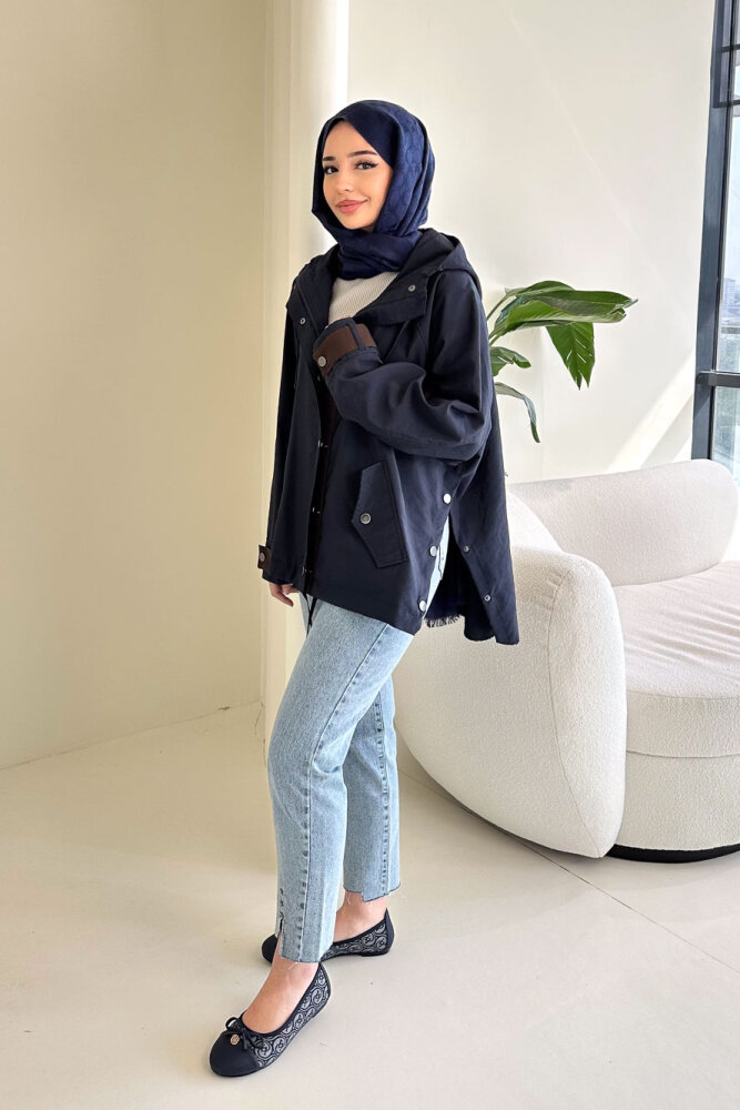 Calista Kapüşonlu Çıtçıtlı Kısa Trenç - Lacivert - 5