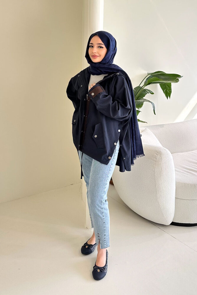 Calista Kapüşonlu Çıtçıtlı Kısa Trenç - Lacivert - ALLMİSS (0)