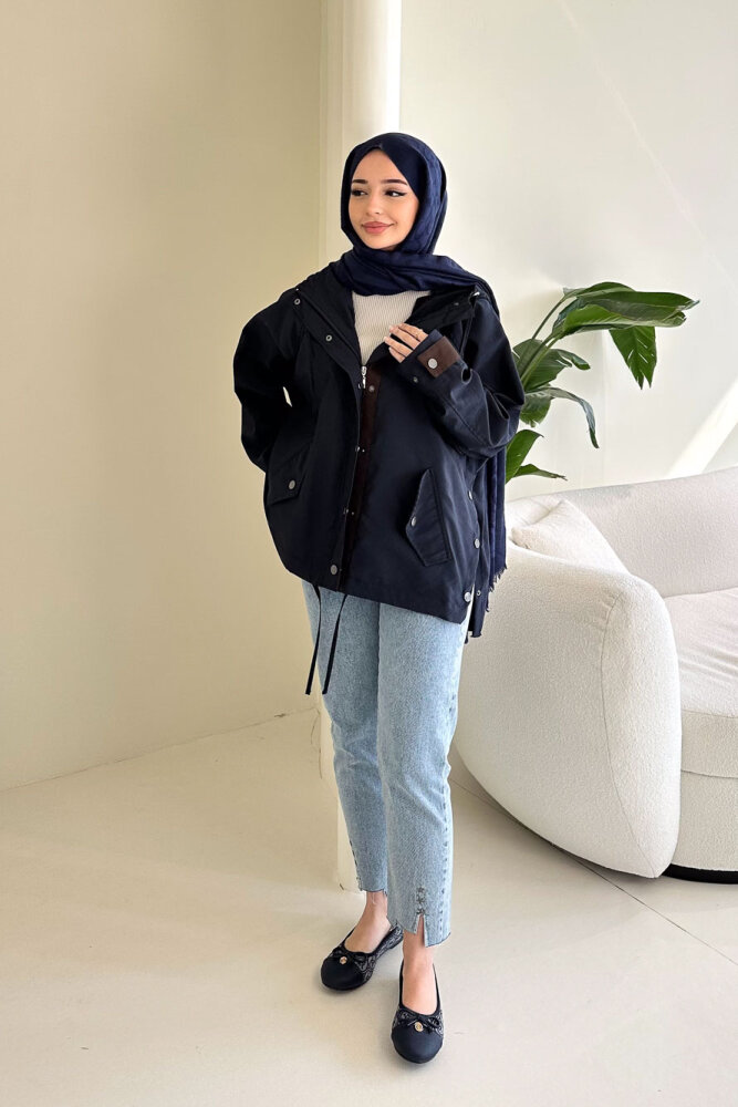 Calista Kapüşonlu Çıtçıtlı Kısa Trenç - Lacivert - 8