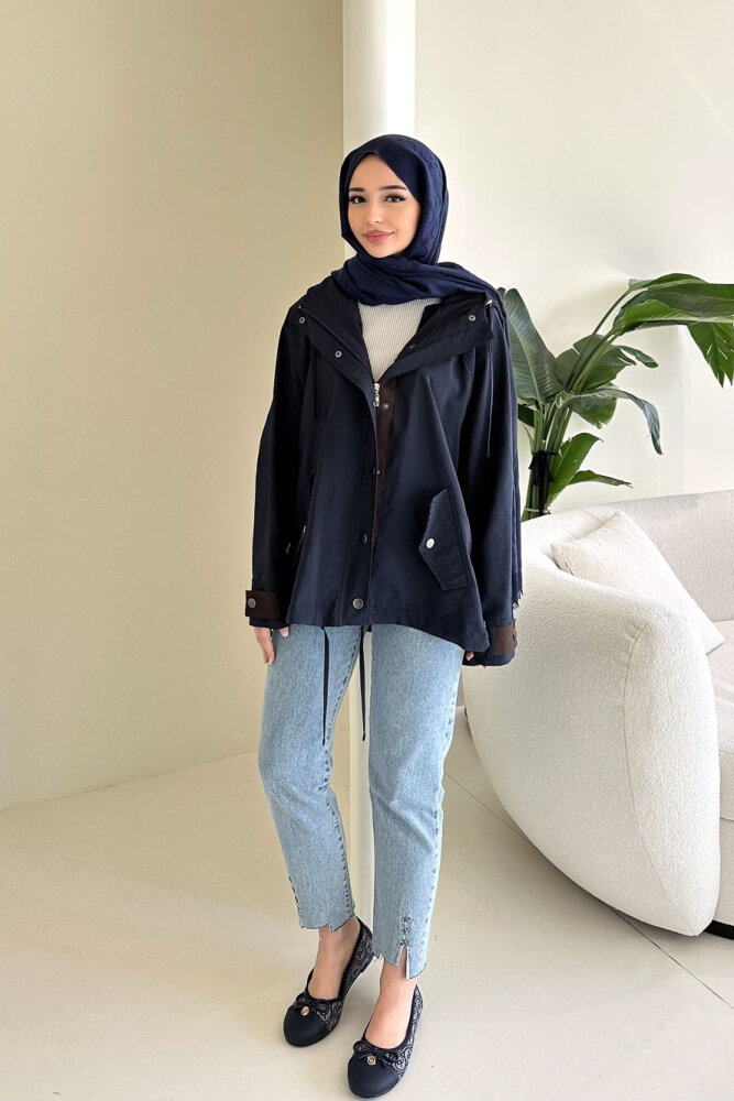 Calista Kapüşonlu Çıtçıtlı Kısa Trenç - Lacivert - 6