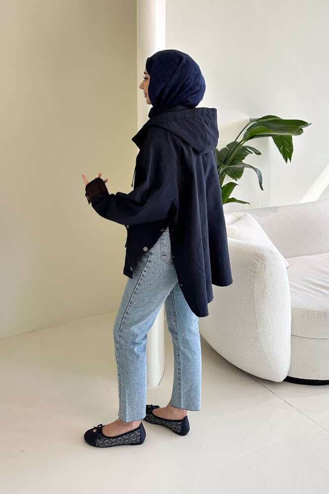 Calista Kapüşonlu Çıtçıtlı Kısa Trenç - Lacivert - 2