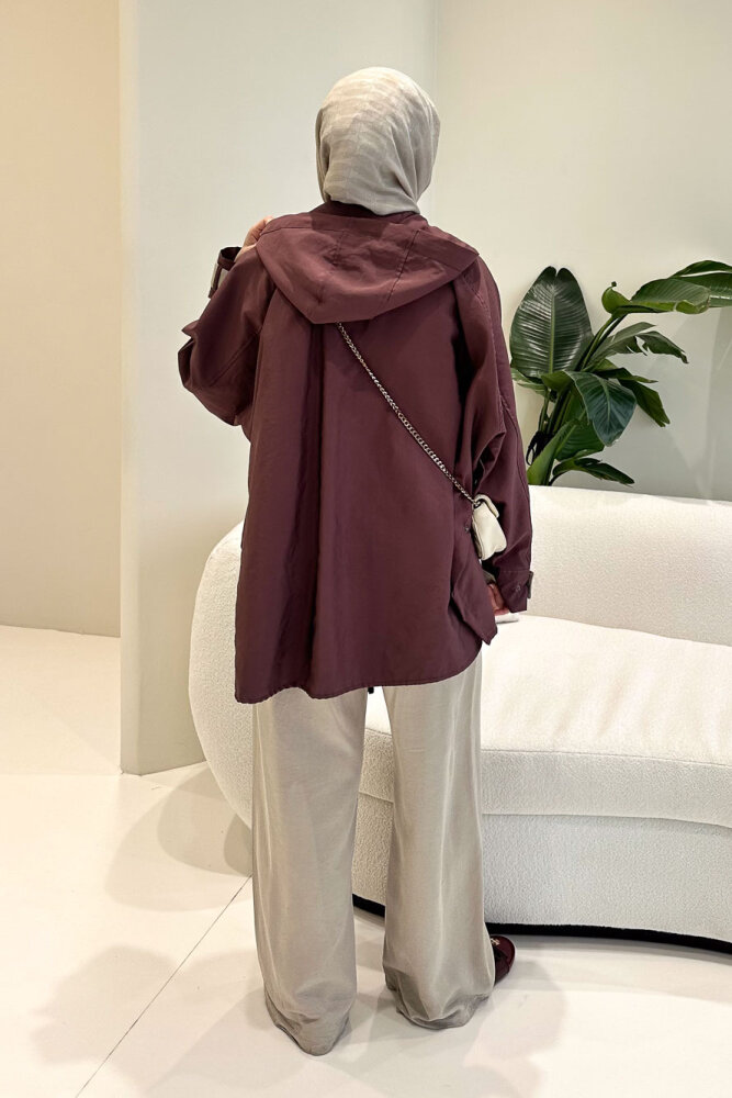 Calista Kapüşonlu Çıtçıtlı Kısa Trenç - Mürdüm - 8