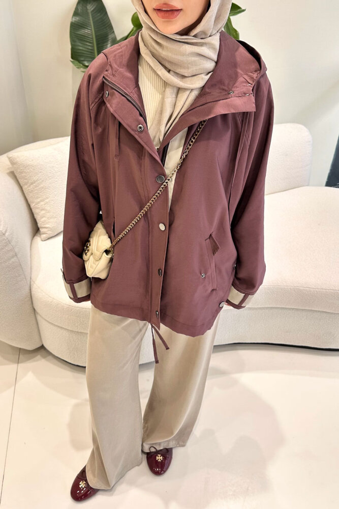 Calista Kapüşonlu Çıtçıtlı Kısa Trenç - Mürdüm - 2