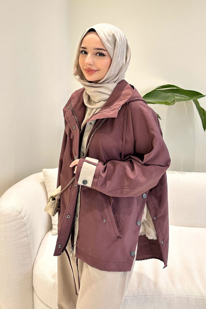 Calista Kapüşonlu Çıtçıtlı Kısa Trenç - Mürdüm - ALLMİSS (5)