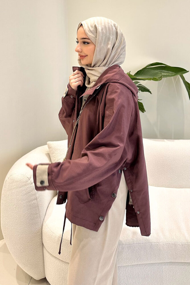 Calista Kapüşonlu Çıtçıtlı Kısa Trenç - Mürdüm - ALLMİSS (0)