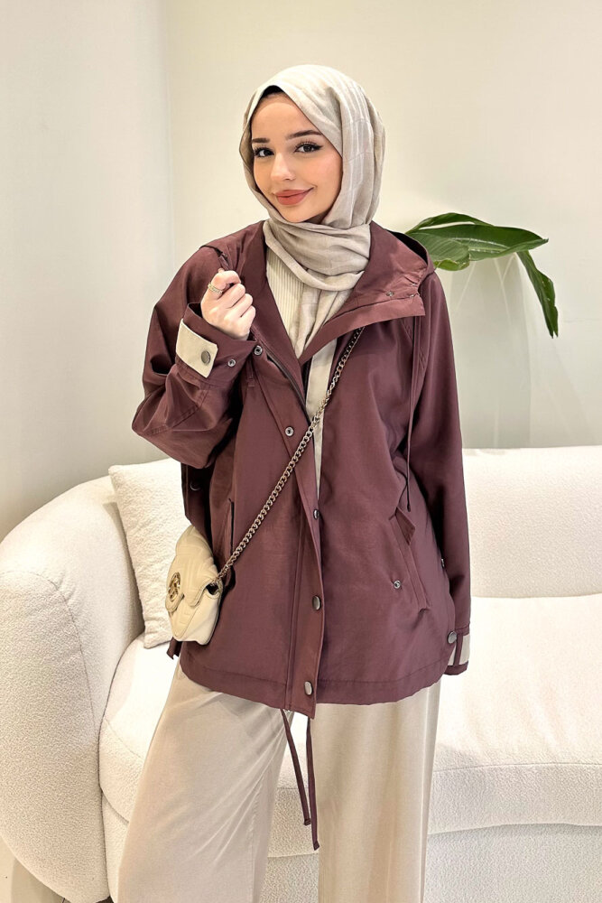 Calista Kapüşonlu Çıtçıtlı Kısa Trenç - Mürdüm - ALLMİSS (2)