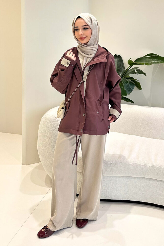 Calista Kapüşonlu Çıtçıtlı Kısa Trenç - Mürdüm - ALLMİSS (4)