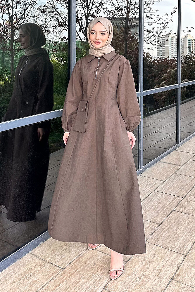 Çantalı Yarım Fermuarlı Elbise - Kahverengi - PUANE (0)