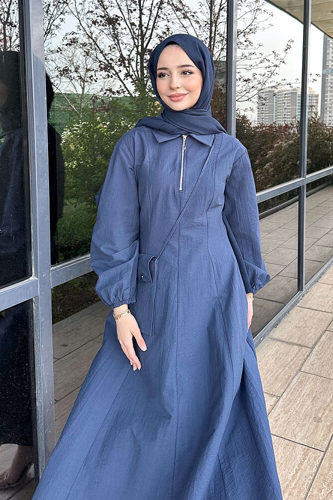 Çantalı Yarım Fermuarlı Elbise - Lacivert - 3