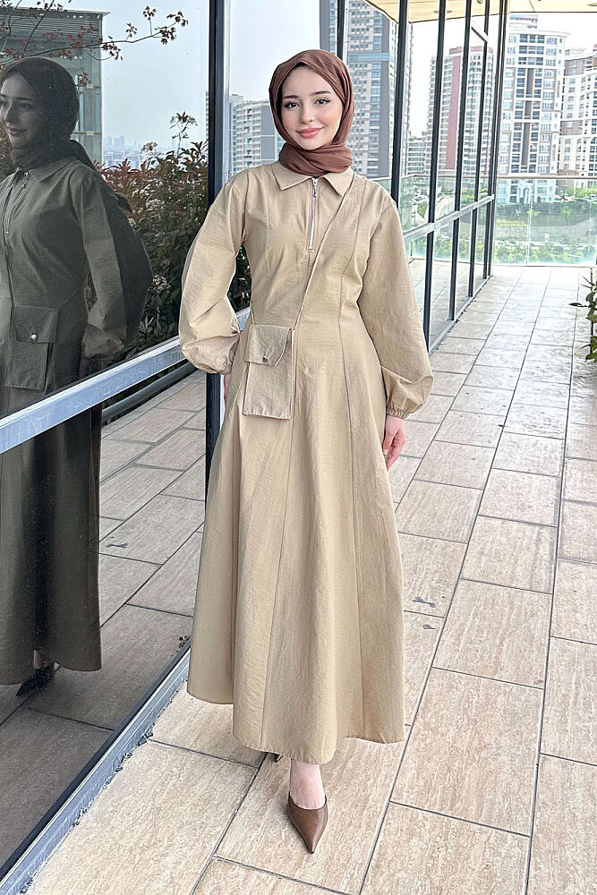 Çantalı Yarım Fermuarlı Elbise - Vizon - 1