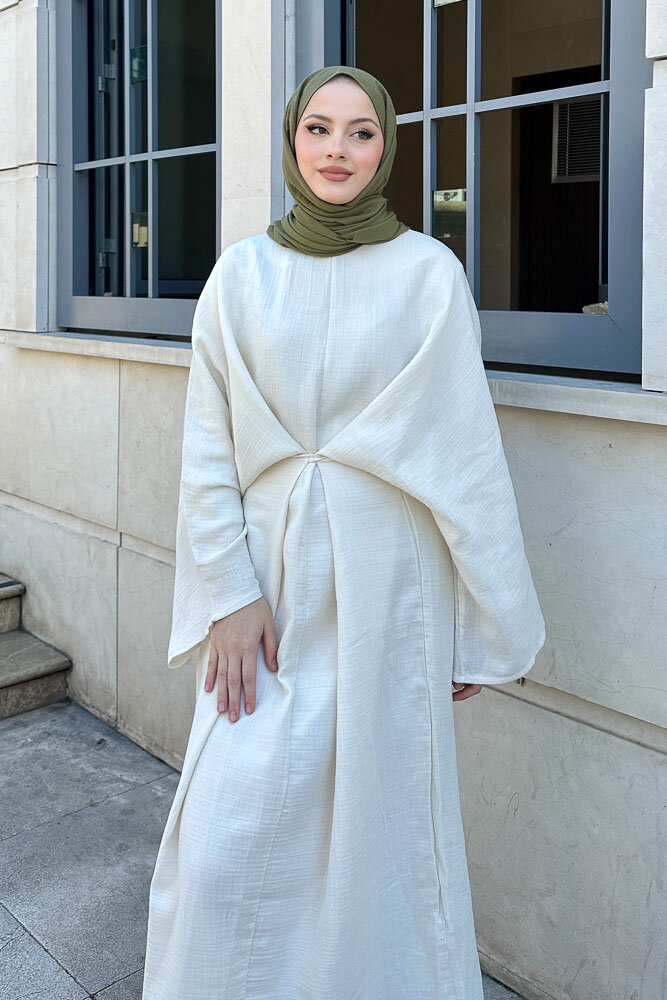 Çapraz Biyeli Elbise - Ekru - 3