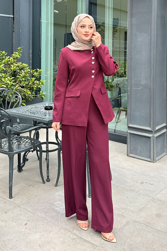 Çapraz Düğmeli Double Takım - Bordo - 7