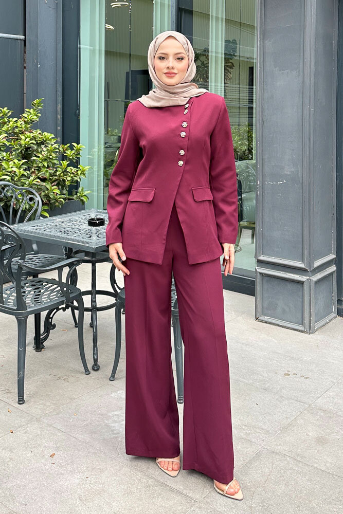 Çapraz Düğmeli Double Takım - Bordo - 4
