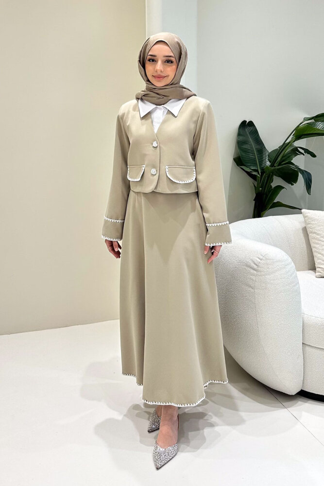 Carlotta Kalp Çiçek Düğmeli Etekli Takım - Bej - LİNE (5)