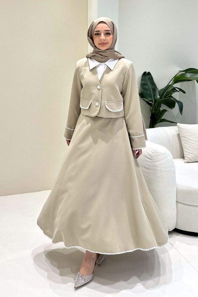 Carlotta Kalp Çiçek Düğmeli Etekli Takım - Bej - 2