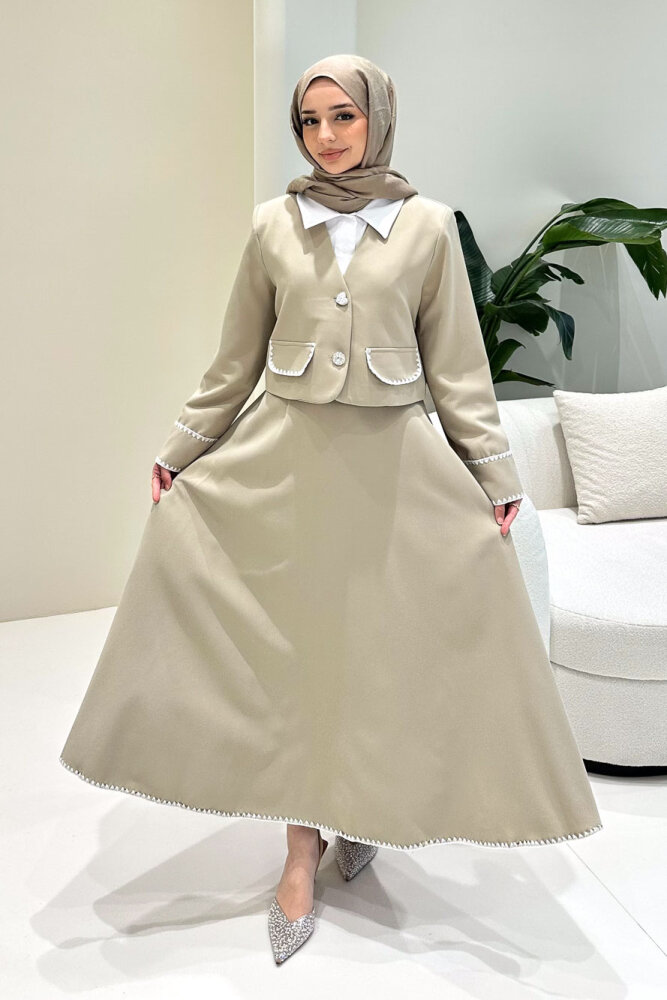 Carlotta Kalp Çiçek Düğmeli Etekli Takım - Bej - 8