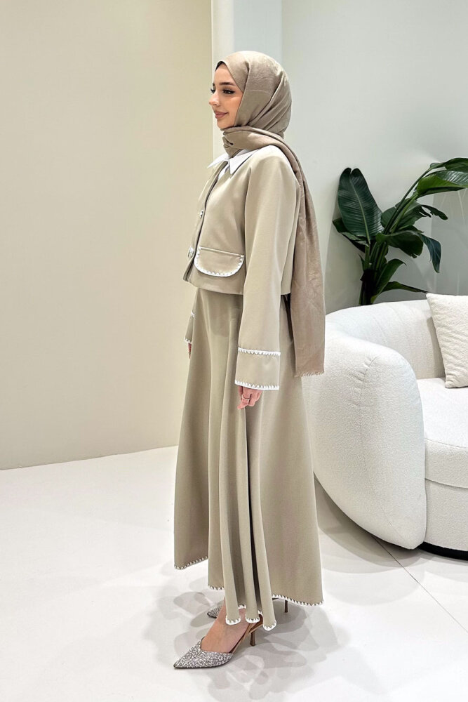 Carlotta Kalp Çiçek Düğmeli Etekli Takım - Bej - 5