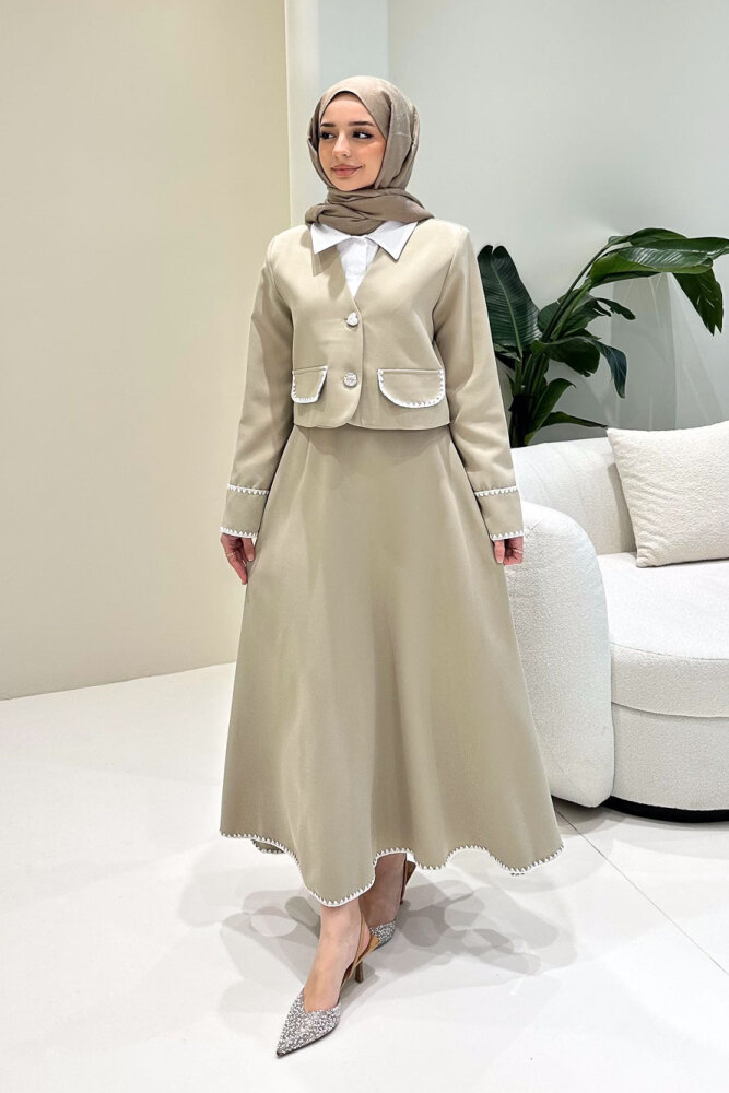 Carlotta Kalp Çiçek Düğmeli Etekli Takım - Bej - LİNE (3)