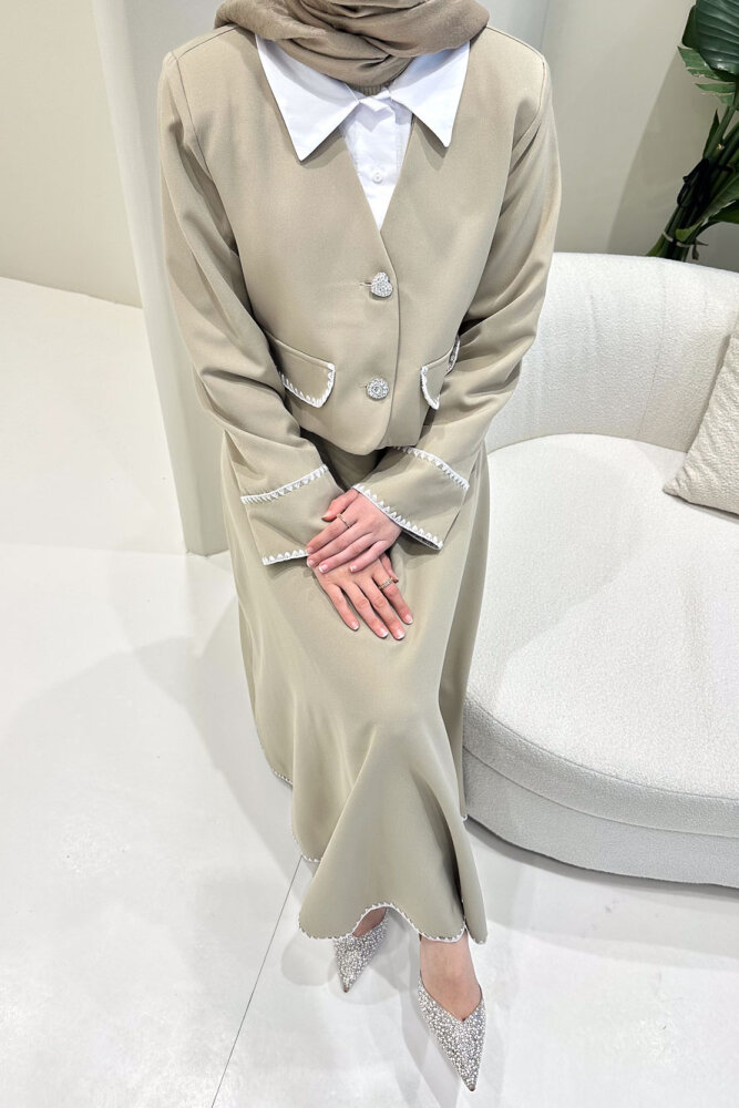 Carlotta Kalp Çiçek Düğmeli Etekli Takım - Bej - 3