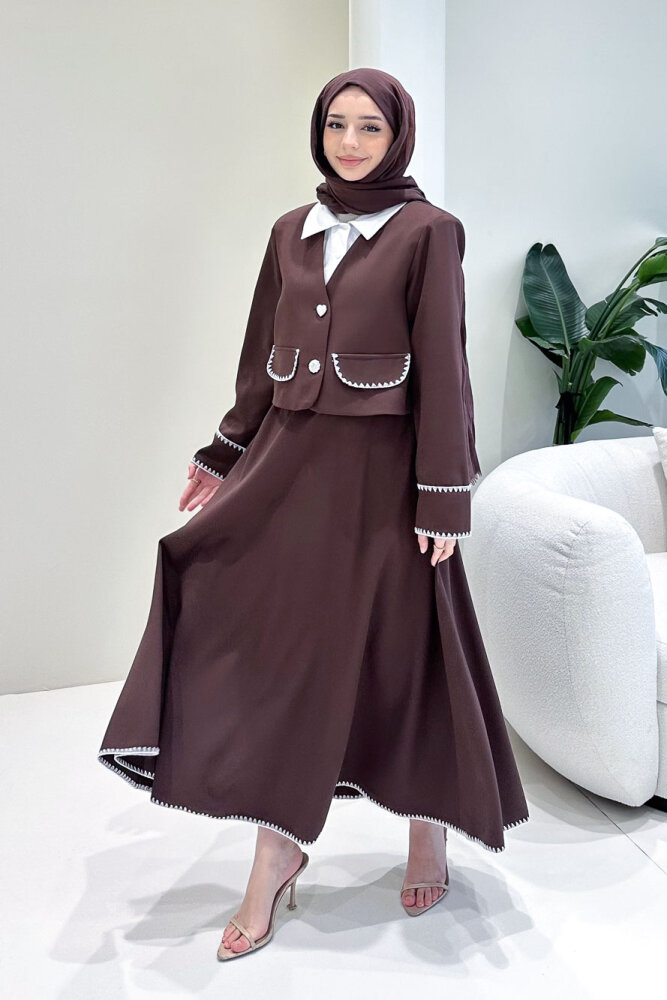 Carlotta Kalp Çiçek Düğmeli Etekli Takım - Kahverengi - 7